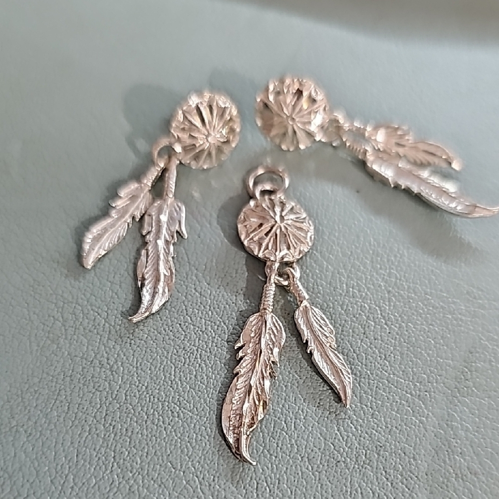 Sterling Silver Concho Feather Drop Earrings And Necklace Pendant Set